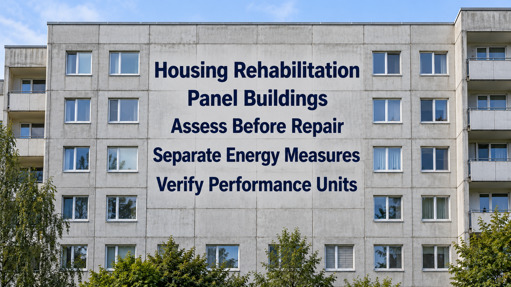 A panel apartment building beside Assess Before Repair, Separate Energy Measures and Verify Performance Units.
