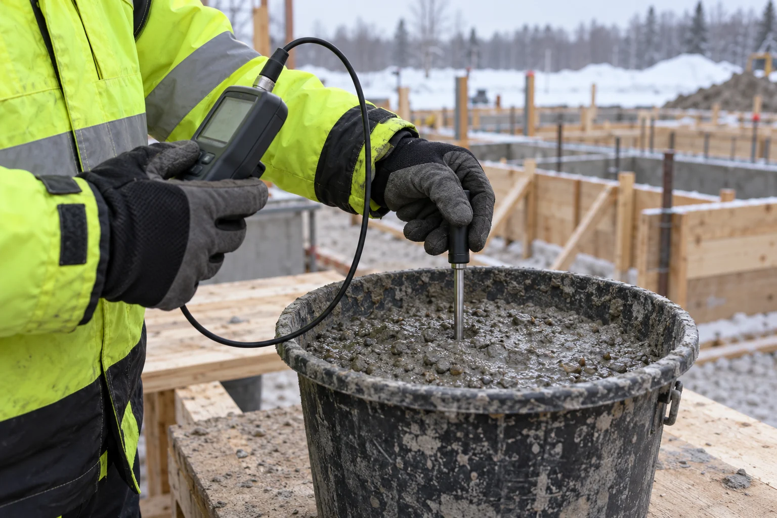 Gloved technician holding a contact probe in a bucket of fresh concrete beside timber forms