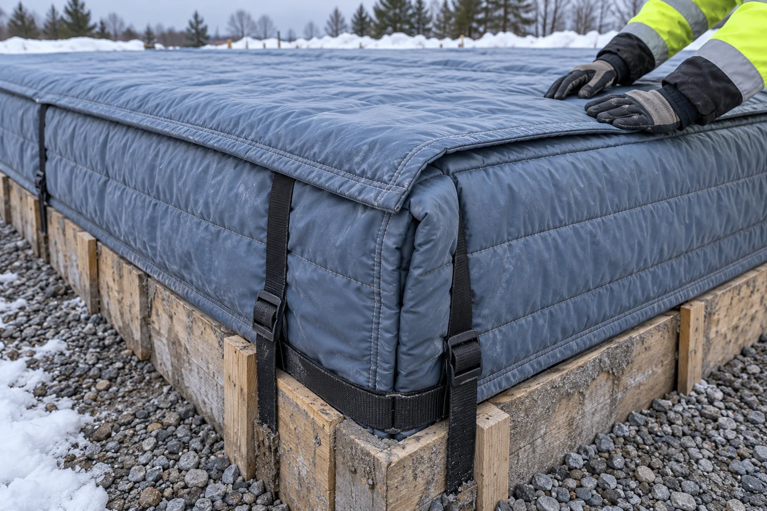 Overlapping blue-gray curing blankets folded around a timber-form corner and held with straps
