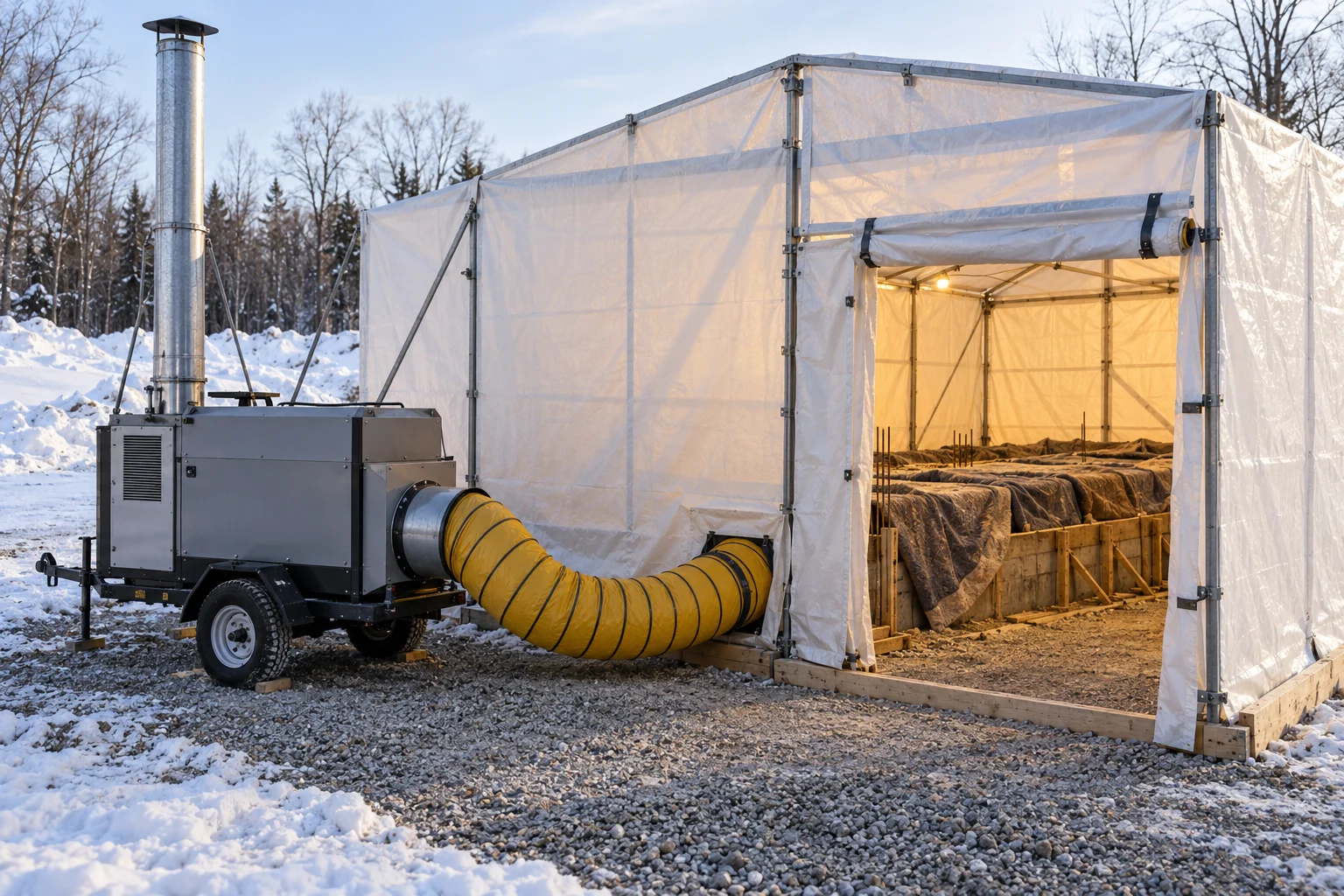 Outdoor heater with a vertical exhaust flue and a separate yellow air duct entering a concrete curing enclosure