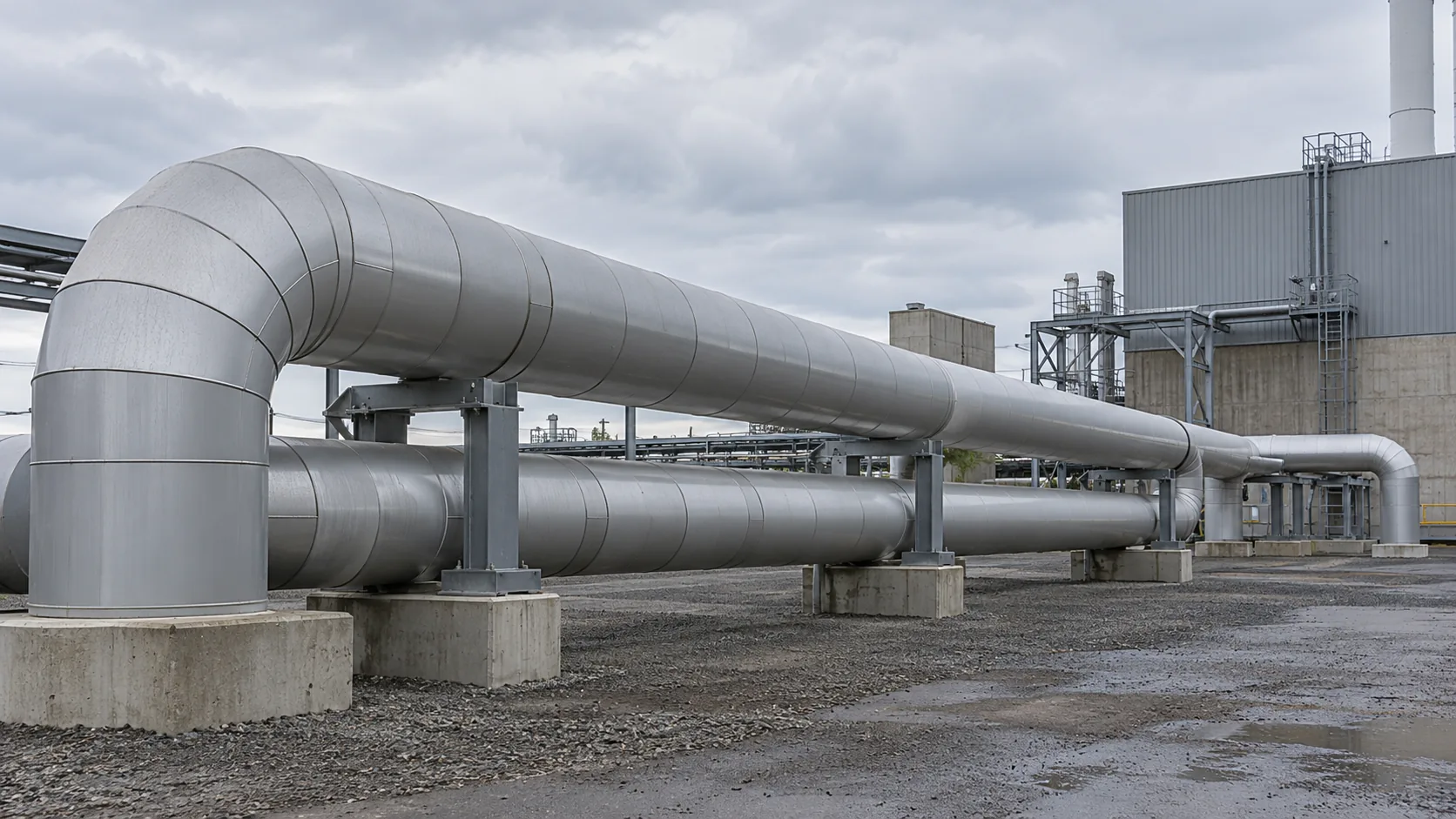 Insulated district-heating pipes on concrete supports in an empty municipal yard