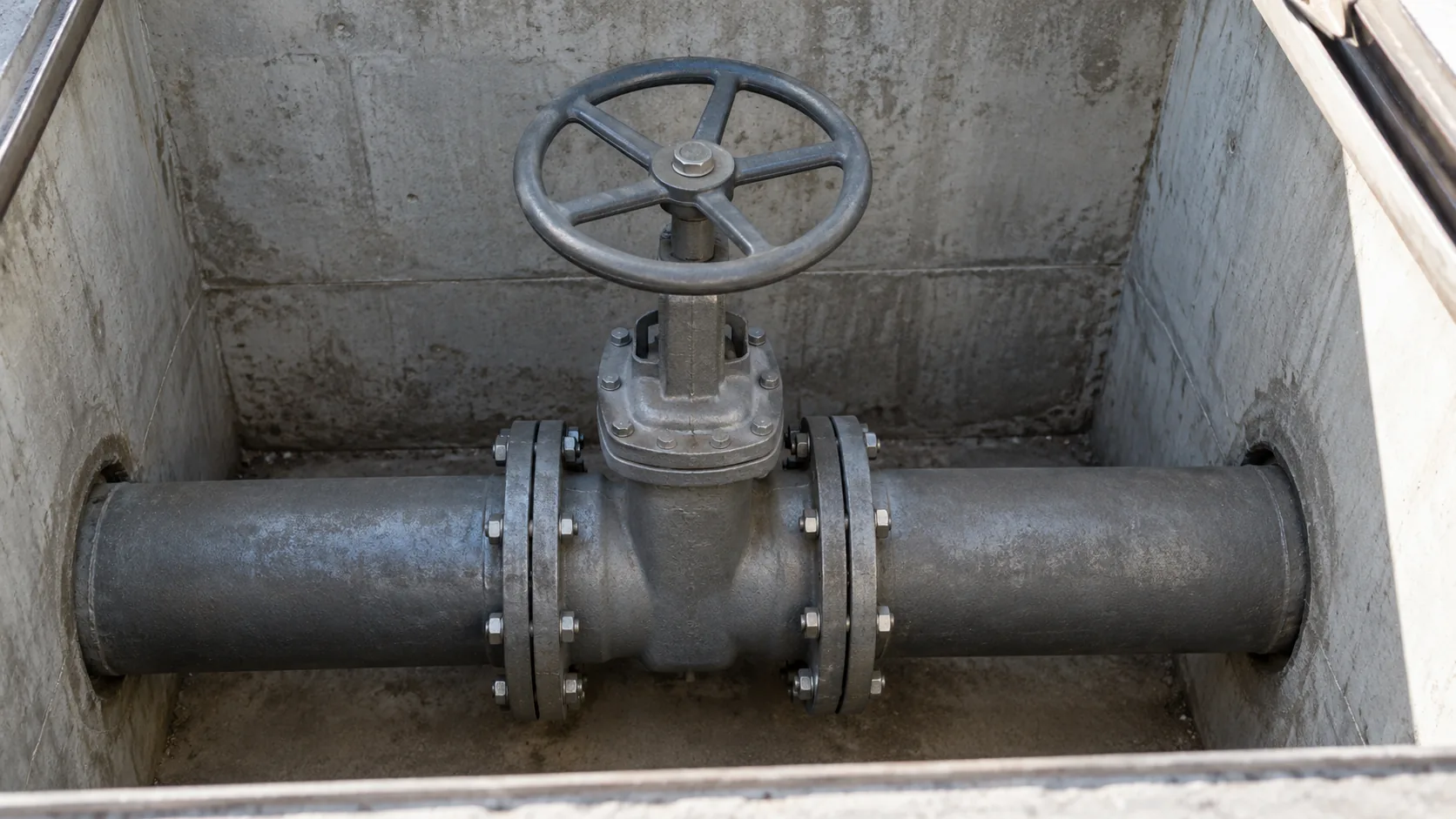 An unmarked metal gate valve on a plain pipe inside a dry concrete utility vault