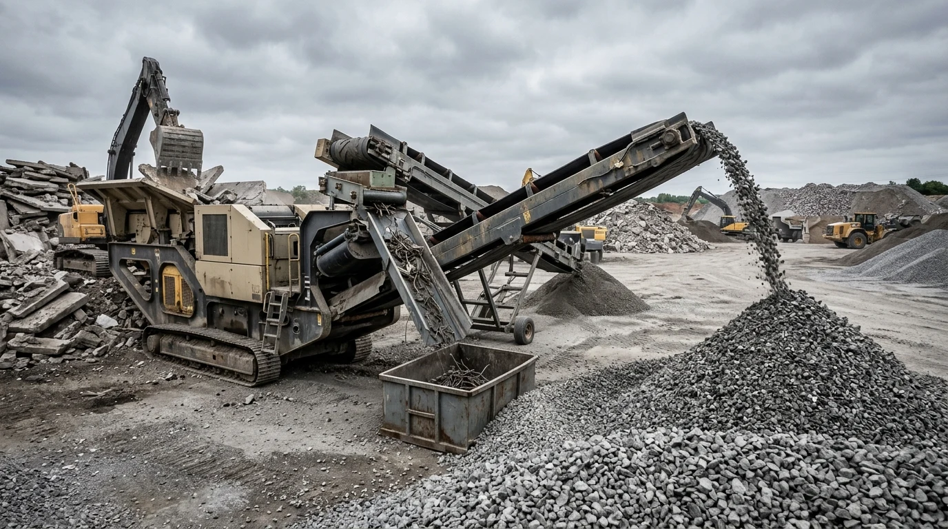Tracked mobile jaw crusher processing demolished reinforced concrete slabs and a graded coarse aggregate stockpile