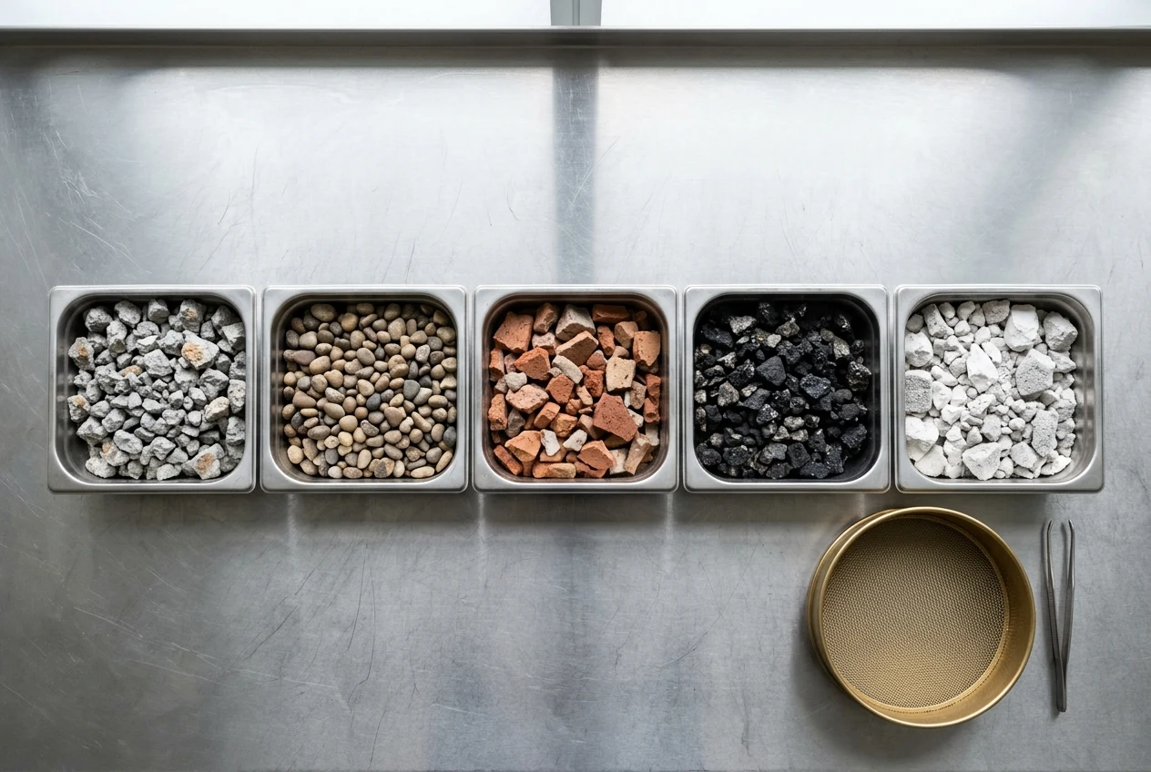 Stainless-steel laboratory trays containing sorted crushed concrete, unbound natural gravel, red clay brick fragments, black bituminous asphalt chunks, and white gypsum plaster beside a brass sieve