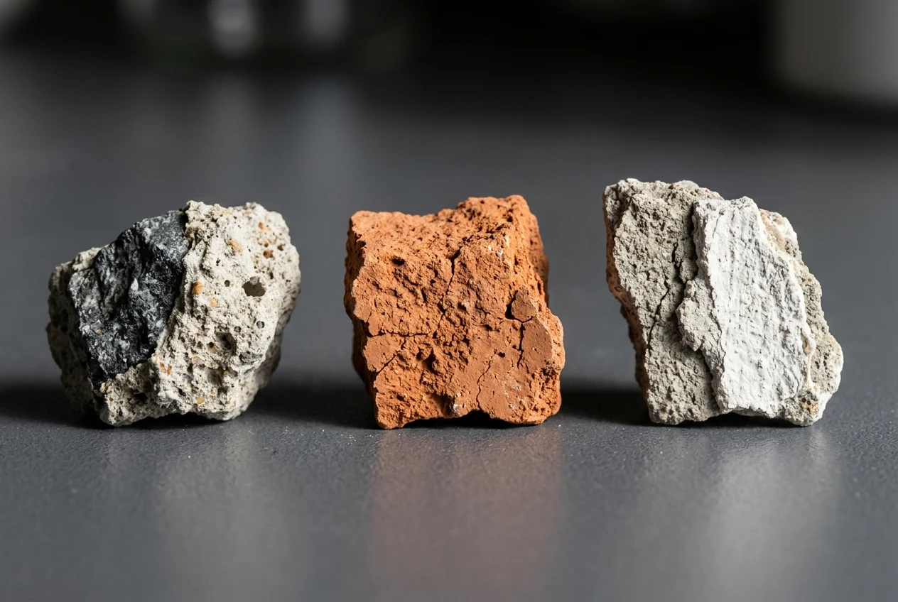 Macro comparison of a crushed concrete particle with dark stone core and porous grey adhered mortar, a porous red clay brick fragment, and a wall fragment coated with white gypsum plaster