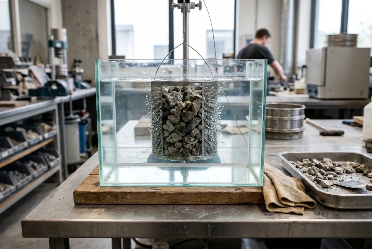 Perforated stainless-steel wire basket of coarse recycled concrete aggregate suspended in a glass water tank with escaping air bubbles beside a damp cloth and drying pan